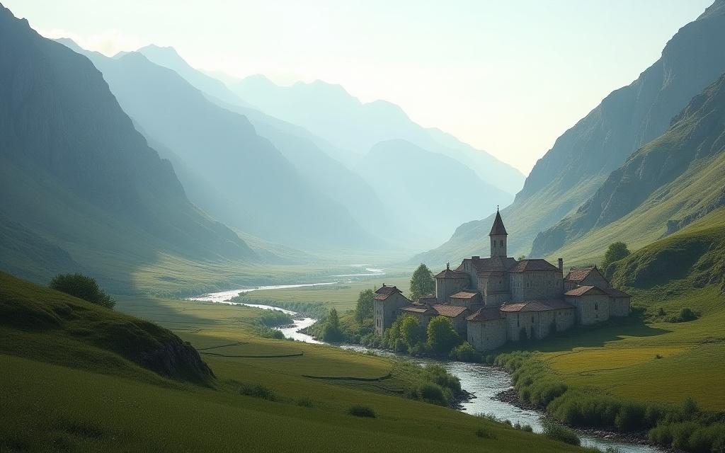 Hidden village nestled in mountain valley