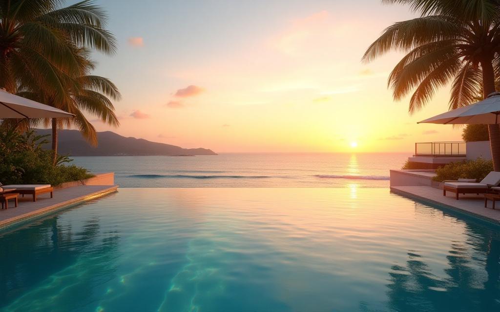 Exclusive luxury resort with infinity pool at sunset