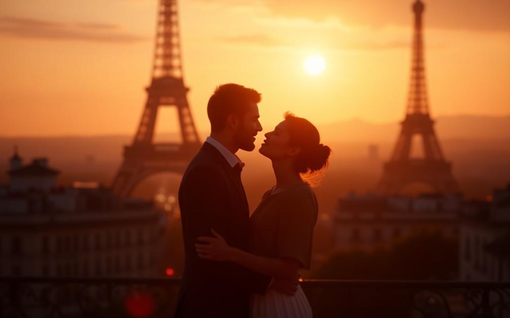 Romantic couple enjoying Paris at sunset